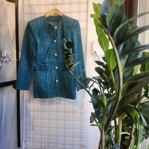 Vintage 90s Teal Suede Women's Blazer With Pearl Buttons Pockets